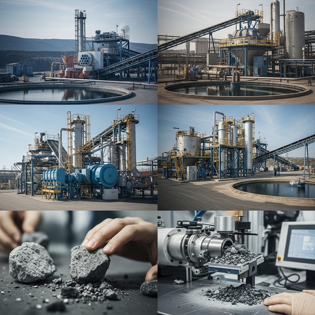 Rare earth mineral extraction site showing mining operations and processing equipment used in resource recovery