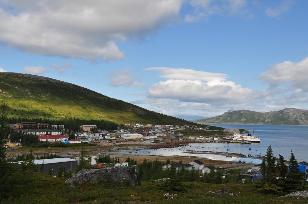 Panoramic view of Happy Valley–Goose Bay, Labrador featuring the community and surrounding natural landscape