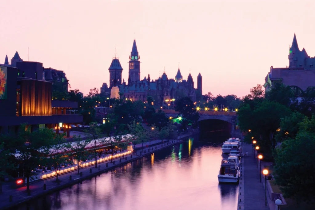View of Rideau Canal and Parliament Buildings in Ottawa representing Canada’s capital landscape and national landmarks
