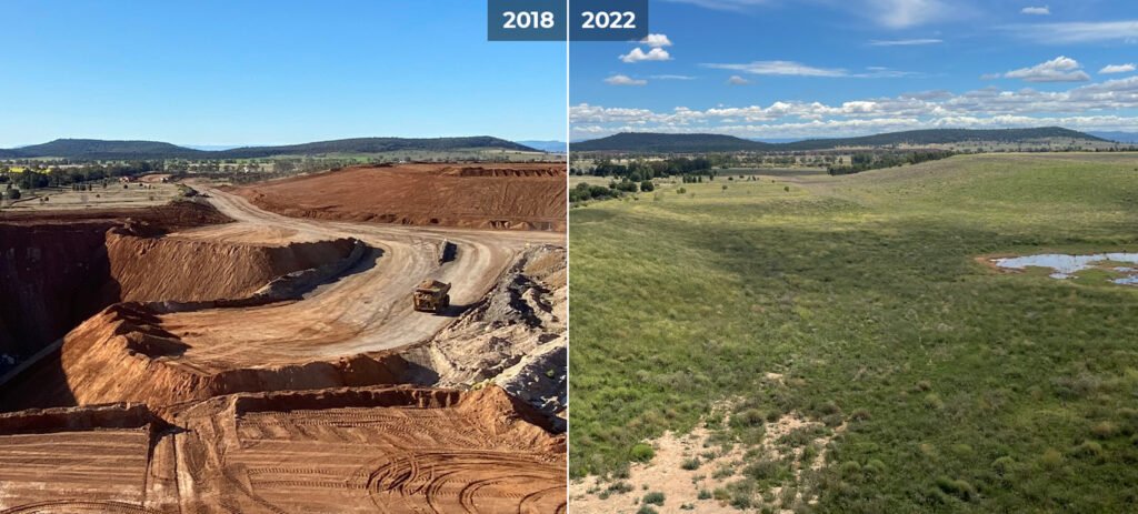 Before and after comparison of Sunnyside mine site showing environmental restoration and land recovery after mining activities