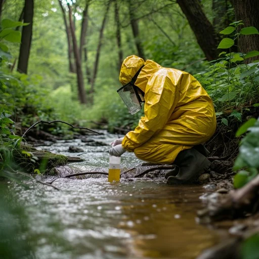 Environmental sampling work in progress with field equipment used for testing soil and water quality in mining areas