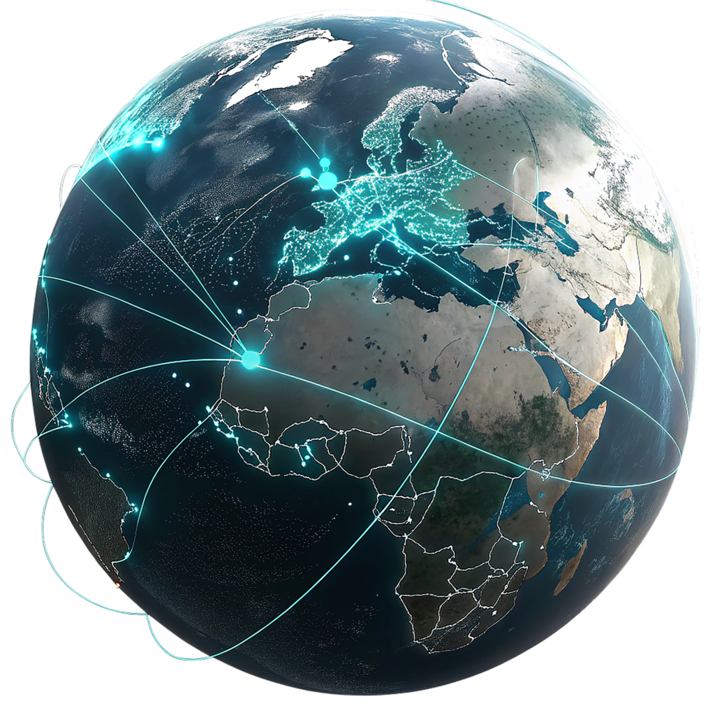 High-resolution 3D neon globe illustration representing global rare earth mineral markets and international trade